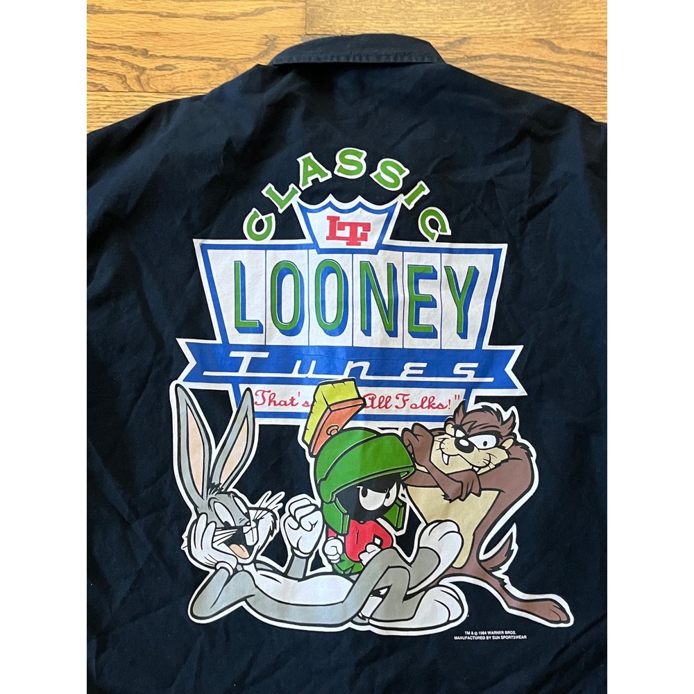Vintage 1994 Looney Tunes Sun Sportswear Black Button Down Shirt Large Bugs Taz